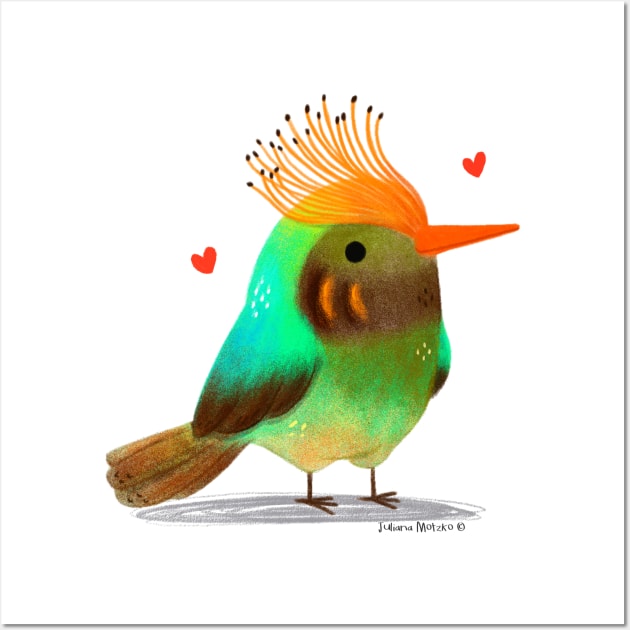 Rufous Crested Coquette bird with hearts Wall Art by julianamotzko